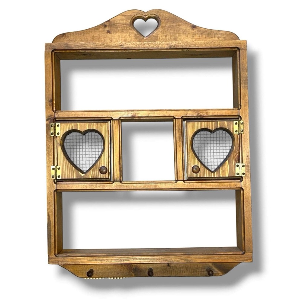 Cottagecore Rustic Primitive Wooden Heart Wall Cabinet Shelf Chicken Wire Doors - Picture 7 of 16